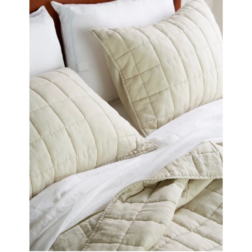 Quince European Linen Box Quilted King Sham Set Ivory NWOT #S6